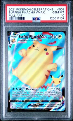 2021 POKEMON CELEBRATIONS #009 FULL ART/SURFING PIKACHU VMAX PSA 10 - Image 1