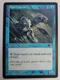 MTG Magic The Gathering Card Tidal Warrior Summon Merfolk Blue Stronghold 1998 - Image 1