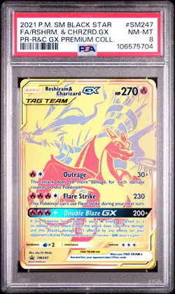 2021 POKEMON SM BLACK STAR PROMO #SM247 FULL ART/RESHIRAM & CHARIZARD GX PSA 8 - Image 1
