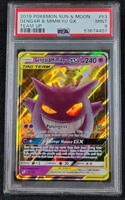✨ PSA 9 MINT ✨ 2019 Pokemon Sun & Moon Team Up #53 Gengar & Mimikyu GX - Image 1