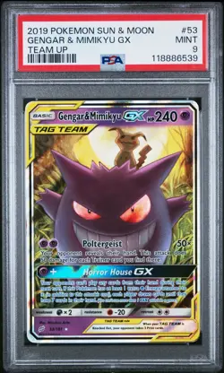 ✨ PSA 9 MINT ✨ 2019 Pokemon Sun & Moon Team Up #53 Gengar & Mimikyu GX - Image 3