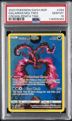 2023 POKEMON SWSH BLACK STAR PROMO CROWN ZENITH TIN #284 GALARIAN MOLTRES PSA 10 - Image 1