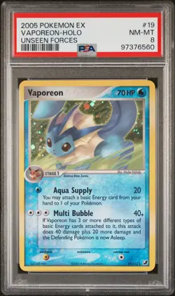 2005 POKEMON EX UNSEEN FORCES #19 VAPOREON-HOLO PSA 8 - Image 1