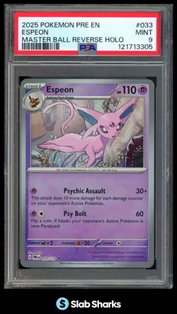 2025 POKEMON PRE EN #033/131 ESPEON MASTER BALL REVERSE HOLO PSA 9 - Image 1