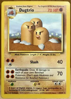 Dugtrio Pokemon TCG Base Set Unlimited 19/102 Non-Holo Rare 1999 LP - Image 1