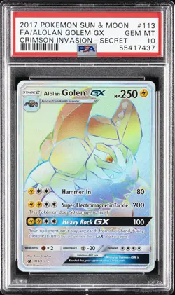 2017 POKEMON SUN & MOON CRIMSON INVASION SECRET FULL ART/ALOLAN GOLEM GX PSA 10 - Image 1