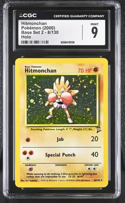 CGC 9 MINT Hitmonchan 2000 Base Set 2 8/130 Holo Pokemon Card - Image 1