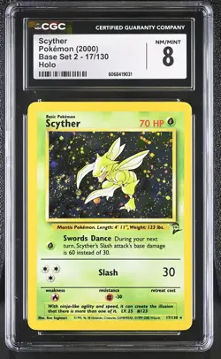 CGC 8 Scyther 2000 Base Set 2 17/130 Holo SWIRL Pokemon Card - Image 1