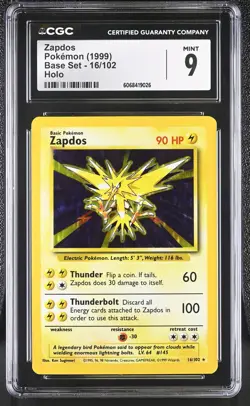 CGC 9 MINT Zapdos 1999 Base Set 16/102 Holo Pokemon Card - Image 1