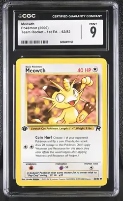 CGC 9 MINT Meowth 2000 Team Rocket 1st Edition 62/82 Pokemon Card - Image 1