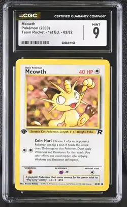 CGC 9 MINT Meowth 2000 Team Rocket 1st Edition 62/82 Pokemon Card - Image 1