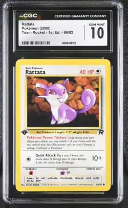 CGC 10 GEM MINT Rattata 2000 Team Rocket 1st Edition 66/82 Pokemon Card - Image 1