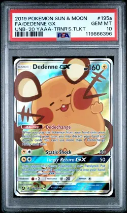 2019 POKEMON SUN & MOON UNBROKEN BONDS #195A FULL ART/DEDENNE GX PSA 10 - Image 1