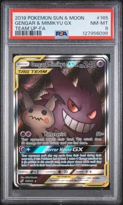 2019 POKEMON SUN & MOON TEAM UP #165 FULL ART/GENGAR & MIMIKYU GX PSA 8 - Image 1
