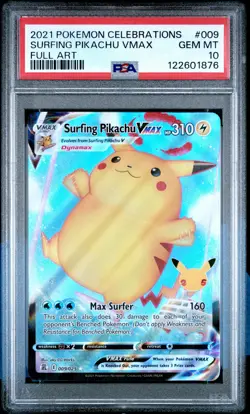 2021 POKEMON CELEBRATIONS #009 FULL ART/SURFING PIKACHU VMAX PSA 10 - Image 1