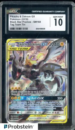 2019 Pokemon EN Black Star Promo Tag Team Tin #SM168 Pikachu & Zekrom GX CGC 10 - Image 1