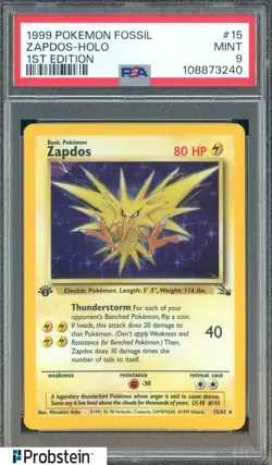 1999 Pokemon Fossil 1st Edition #15 Zapdos Holo PSA 9 MINT - Image 1