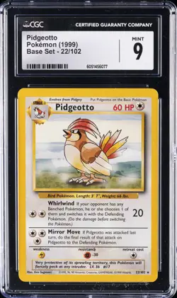 1999 POKEMON BASE SET #22/102 PIDGEOTTO CGC 9 - Image 1
