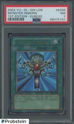 2002 Yu-Gi-Oh! LOB 1st Ed Europe #R096 Monster Reborn PSA 7 NM - Image 1