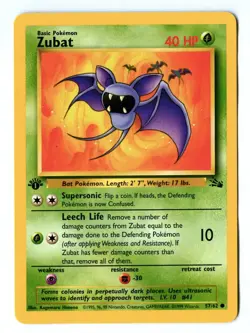 Vintage 1999 First Edition ZUBAT Pokemon Card 57/62 (Fossil Set) - Image 1