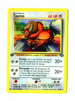 Vintage 1999 First Edition TAUROS Pokemon Card 47/64 Uncommon (Jungle Set) - Image 1