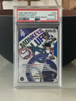 DODGERS X ONE PIECE COLLAB PROMO CARD MONKEY D. LUFFY PSA 10 - Image 1