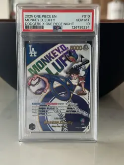 DODGERS X ONE PIECE COLLAB PROMO CARD MONKEY D. LUFFY PSA 10 - Image 2