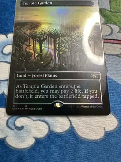 MTG Unfinity #281 Temple Garden Borderless Foil Rare Shock Land - Image 2