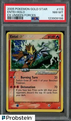 2005 Pokemon Entei Gold Star Holo EX Unseen Forces 113/115 PSA 8 NM-MT - Image 1