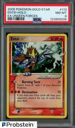 2005 Pokemon Entei Gold Star Holo EX Unseen Forces 113/115 PSA 8 NM-MT - Image 1