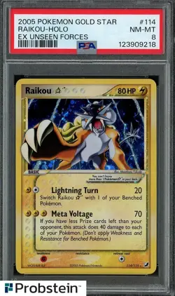 2005 Pokemon Gold Star Ex Unseen Forces #114 Raikou Holo PSA 8 NM-MT - Image 1
