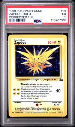 1999 POKEMON FOSSIL CORRECTED FOIL #15 ZAPDOS-HOLO PSA 5 - Image 1