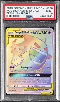 2019 POKEMON SUN & MOON TEAM UP SECRET #186 FULL ART/GENGAR & MIMIKYU GX PSA 9 - Image 1