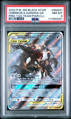2020 POKEMON SM BLACK STAR PROMO TAG TEAM POWERS COLL UMBREON & DARKRAI GX PSA 8 - Image 1