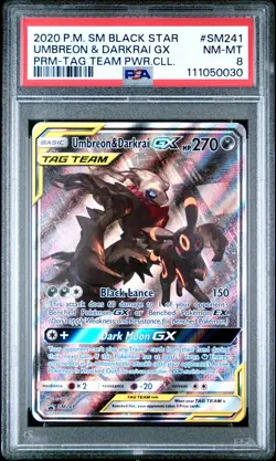 2020 POKEMON SM BLACK STAR PROMO TAG TEAM POWERS COLL UMBREON & DARKRAI GX PSA 8 - Image 1
