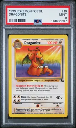 1999 Pokemon Fossil Dragonite 19/62 Rare Non-Holo PSA 9 - Image 1
