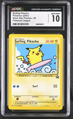CGC 10 GEM MINT Surfing Pikachu Black Star Promo 28 Pokemon League Pokemon Card - Image 1
