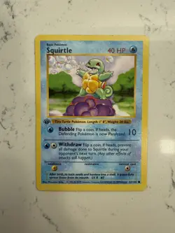 1999 Pokemon Base Set Shadowless First Edition Squirtle 63/102 with Minor Crease - Image 1