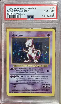 1999 Pokemon Game Mewtwo #10 HoloShadowless PSA 8 NM-MT - Image 1