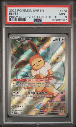 2025 POKEMON SVP PRISMATIC EVOLUTIONS POKEMON CENTER ETB PROMO#173 EEVEE PSA 9 - Image 1
