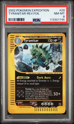 2002 POKEMON EXPEDITION #29 TYRANITAR-REVERSE FOIL PSA 8 - Image 1