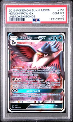 2019 POKEMON SUN & MOON UNBROKEN BONDS #109 HONCHKROW GX PSA 10 - Image 1