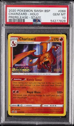 2020 POKEMON SWSH BLACK STAR PROMO PRERELEASE-STAFF #066 CHARIZARD-HOLO PSA 10 - Image 1