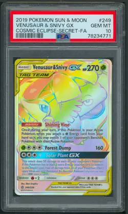 Pokemon Sun & Moon Cosmic Eclipse Venusaur & Snivy GX Secret Rare 249/236 PSA 10 - Image 1