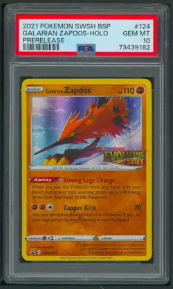 Pokemon SWSH Evolving Skies Prerelease Galarian Zapdos Holo Promo SWSH124 PSA 10 - Image 1