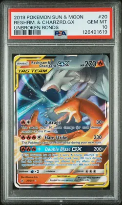 2019 POKEMON SUN & MOON UNBROKEN BONDS #20 RESHIRAM & CHARIZARD GX PSA 10 - Image 1