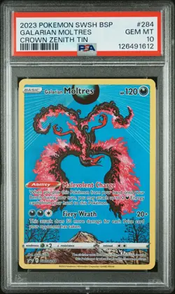 2023 POKEMON SWSH BLACK STAR PROMO CROWN ZENITH TIN #284 GALARIAN MOLTRES PSA 10 - Image 1