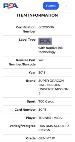 Dragon Ball Heroes Trunks Future PSA 10 Super Saiyan HR Promo Card Limited - Image 3