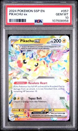 2024 POKEMON SSP EN-SURGING SPARKS #057 PIKACHU EX PSA 10 - Image 1