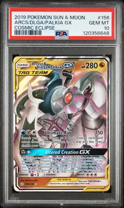 2019 POKEMON SUN & MOON COSMIC ECLIPSE #156 ARCEUS & DIALGA & PALKIA GX PSA 10 - Image 1